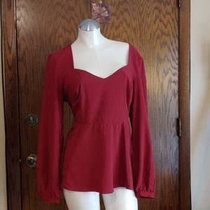 TORRID DARK RED CREPE LONG SLEEVE PEPLUM BLOUSE